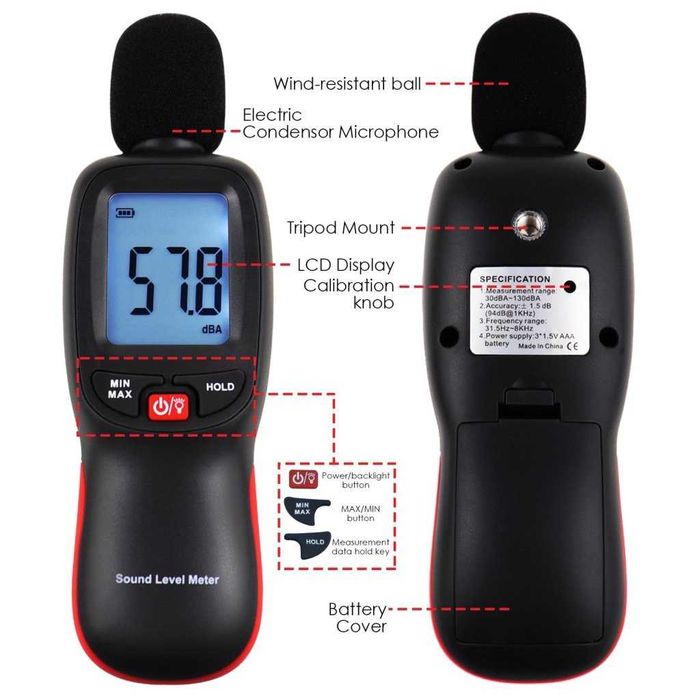 Уред за измерване нивото на звука 30 ~ 130dBA, шумомер, децибелометър