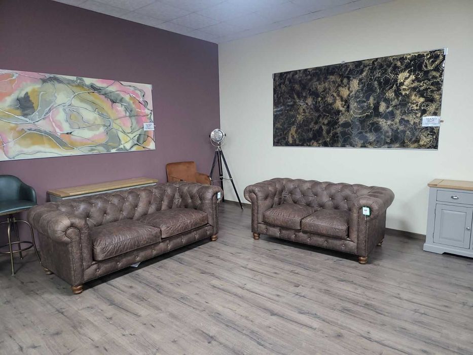 Антично кафяв кожен комплект тройка и двойка Честърфийлд