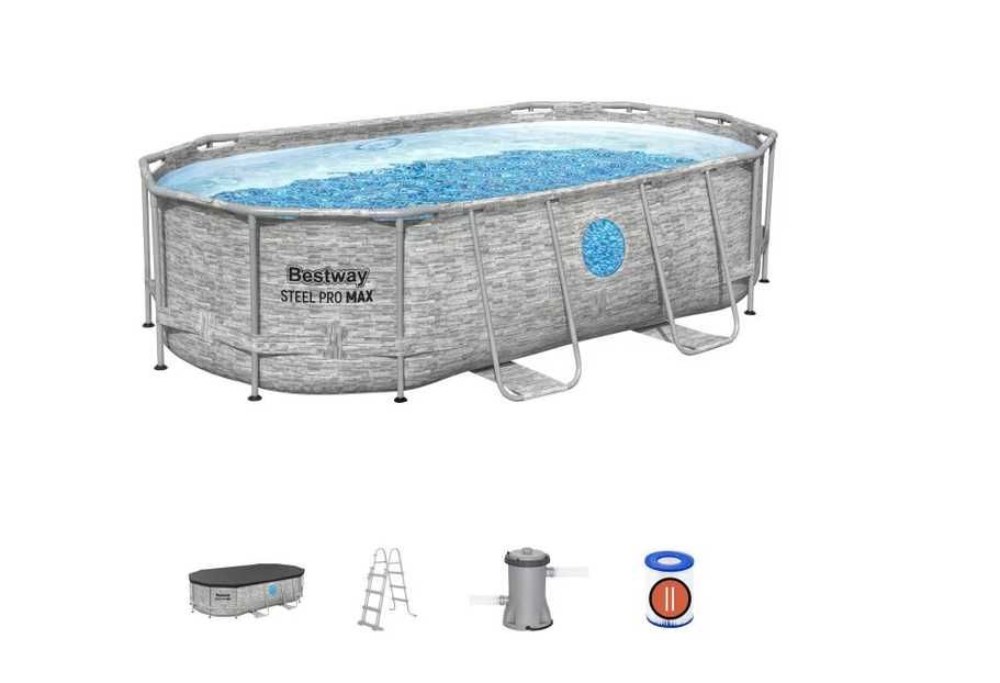 Piscina ovala Bestway, Steel Pro MAX Splashview Frame, cu pompa, scara, si prelata, cadru metalic, gri, 427 x 250 x 100 cm