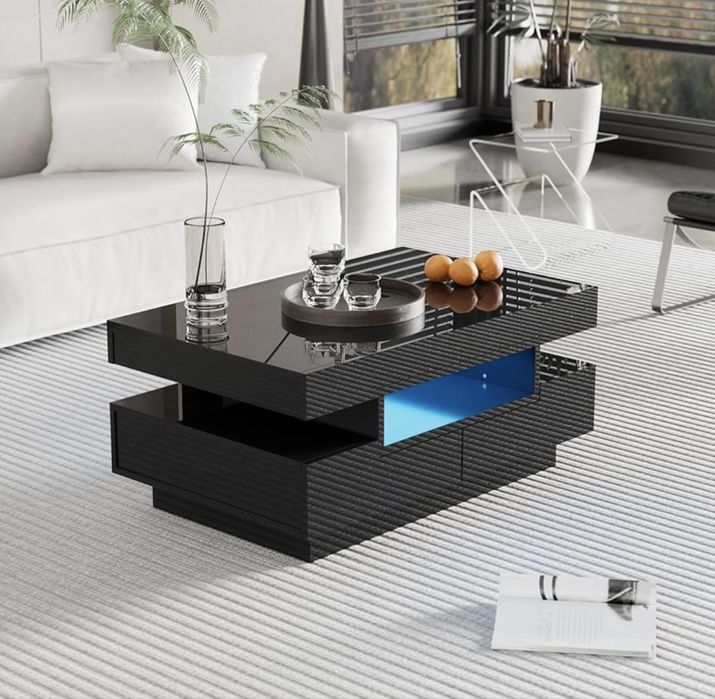 Masuta de cafea moderna negru lucios cu iluminare LED