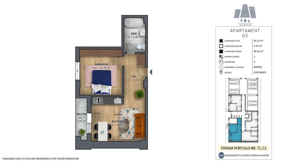 Apartament 03-C2, 2 camere,prima linie cu vedere la mare,Costinesti