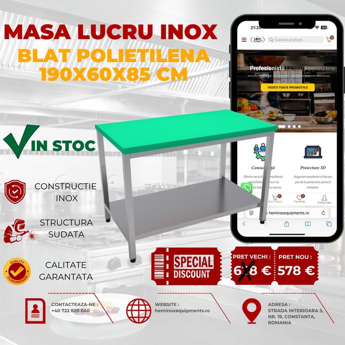 Masa De Lucru Inox Cu O Polita Jos si Blat Polietilena În Stoc