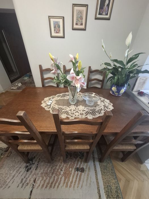 Set masă dining lemn masiv + 6 scaune rustice, stare excelentă
