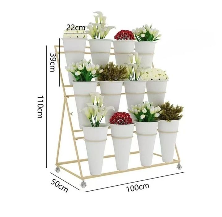 Suport etajat pentru flori cu roti 16 ghivece albe 100 x 65 x 150 cm