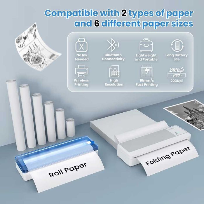 Imprimanta termica portabila vretti P83 A4 300 DPI Bluetooth Android iOS USB fara cerneala baterie 2600mAh travel office