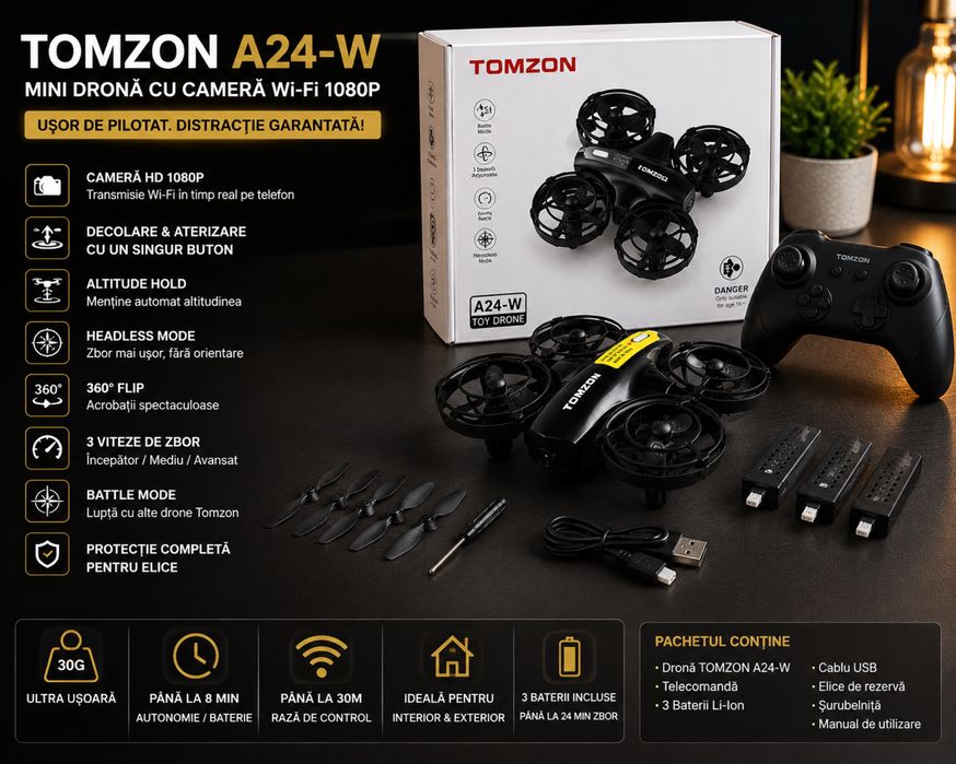 Dronă TOMZON A24-W cu cameră 1080P Wi-Fi | 3 baterii | Nouă, sigilată