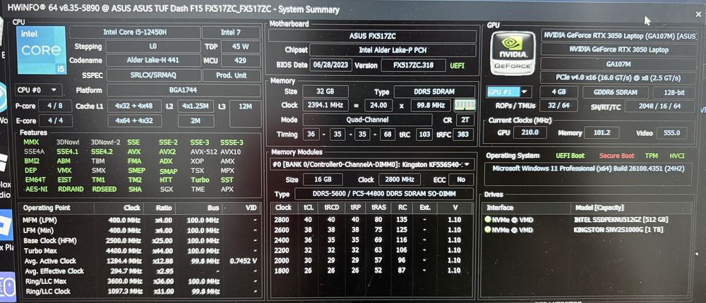 ASUS TUF Dash F15, Intel i5 12450H, RTX 3050, 32gb RAM, 1.5tb SSD.