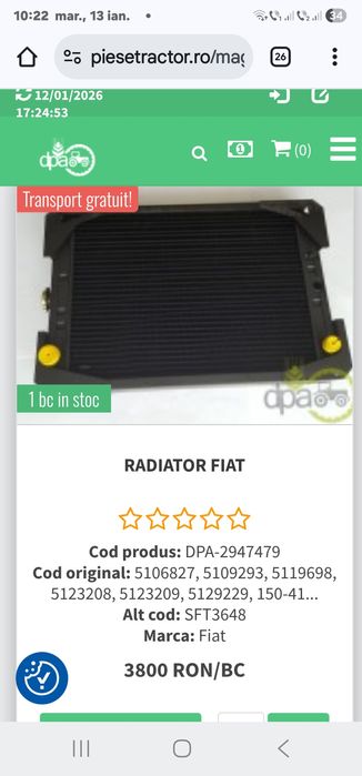 Radiator tractor fiat 140-90 DT din cupru import Italia pret 3790 lei