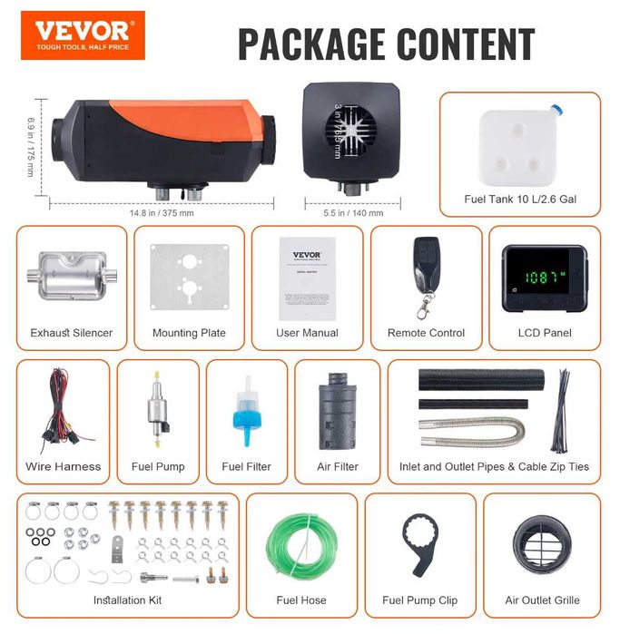 Дизелова суха печка VEVOR  8 kW - 12/24 V с дистанционно управление