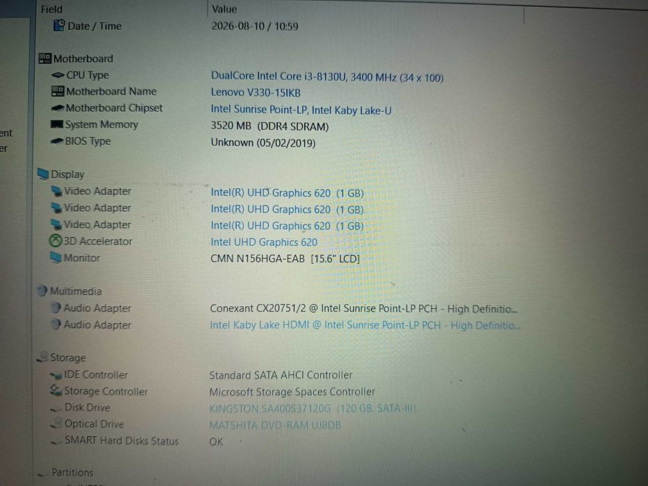 Laptop gen 8 Lenovo Ideapad V330-15ikb, Core i3 8130u, 4gb ddr4, ssd 128gb, display full HD, baterie 3 ore