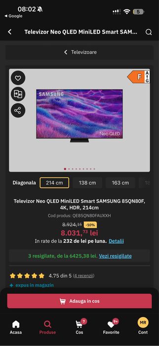 Televizor Neo QLED MiniLED Smart SAMSUNG 85QN80F, 4K, HDR, 214cm