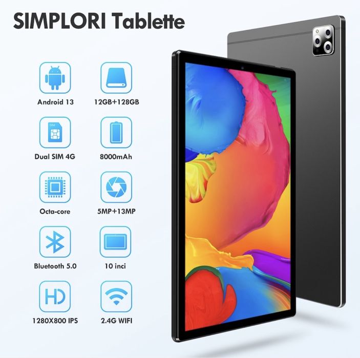 Tableta 10 inch , android 13, 12 gb ram, octa core, 128 gb memorie