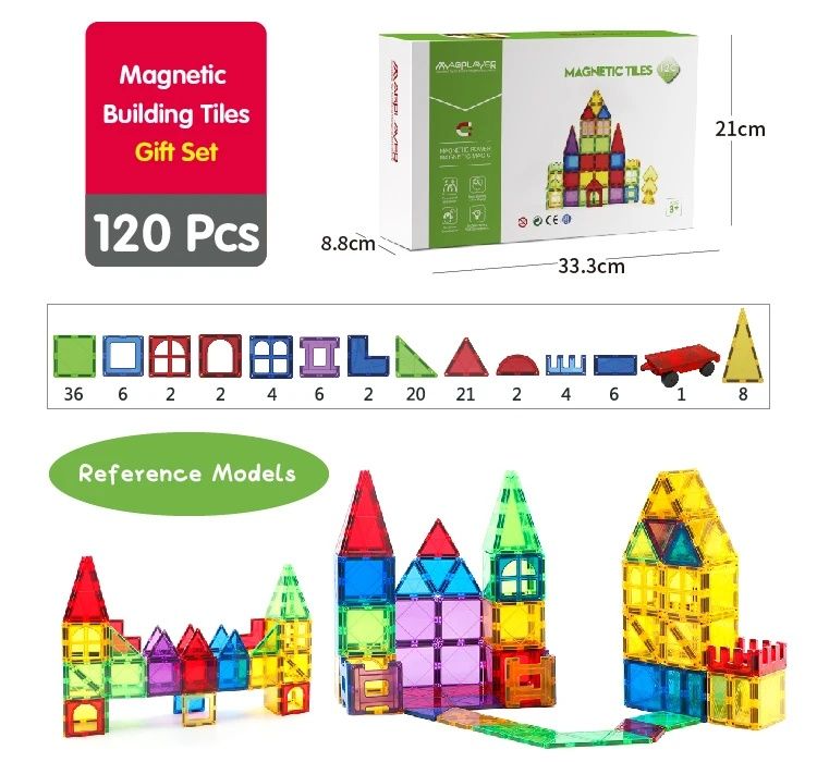 Magnetic tiles 3D  - 120 piese magnetice patrat 7.5cm, conform UE