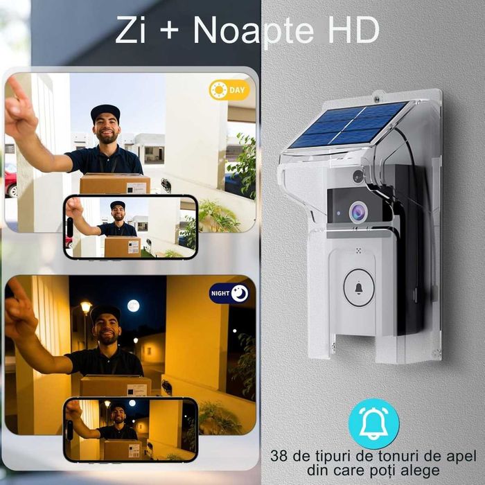 Sonerie Video Wireless Smart cu Camera HD, Panou Solar si Carcasa Protectie WiFi Detectie Miscare, Notificari, Night Vision, Water Resist, 38 Tonuri