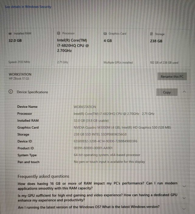 HP Zbook 17 G3 FHD i7-6820HQ 32GB Nvidia 4GB DDR5 WWAN 4G LTE "TAVITE"