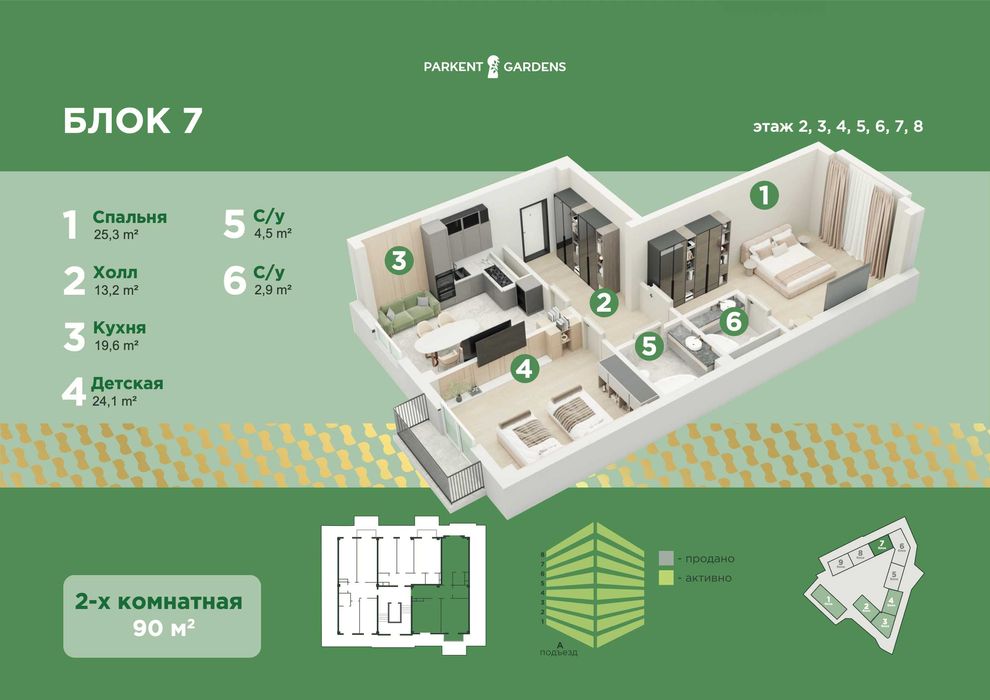 (Добрый) PARKENT GARDENS, 90 м², 3/3/8, Комфортная и тихая жизнь