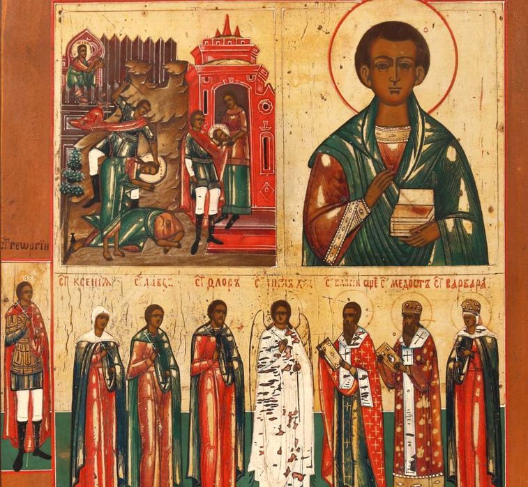 Icoană pe lemn în trei registre, școală rusească, sec. XIX