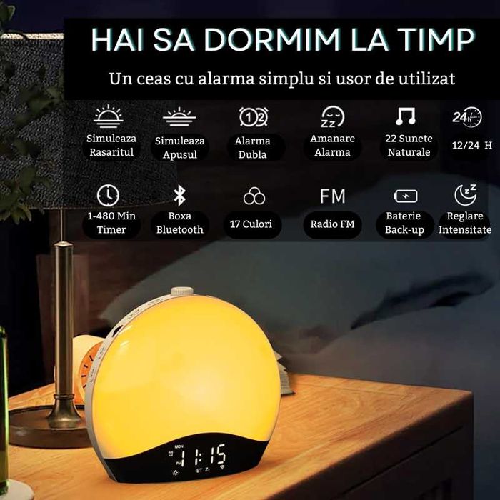 Ceas desteptator multifunctional, , sunete albe si , lampa de veghe