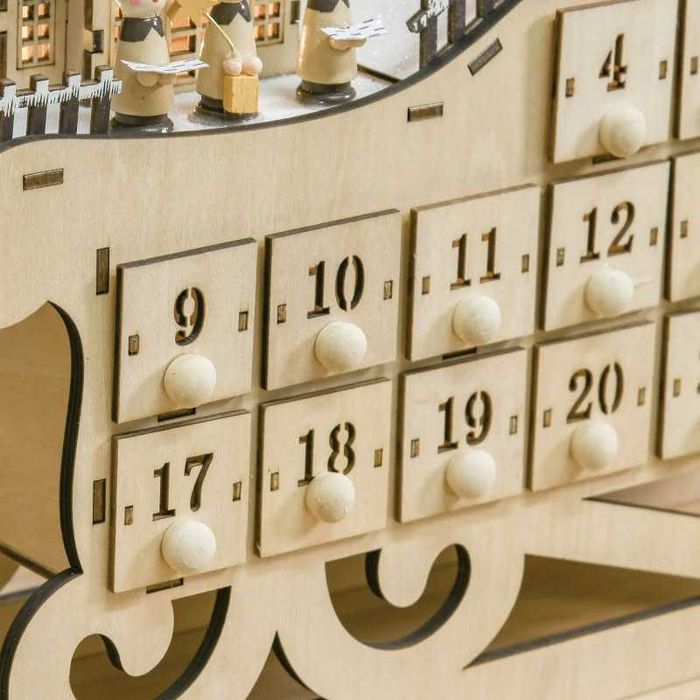 HOMCOM Адвент календар за пълнене с 24 чекмеджета, LED светлини, форма на шейна