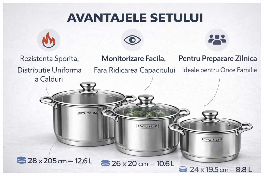 Set oale inox Royalty Line, 6 piese, capace din sticla