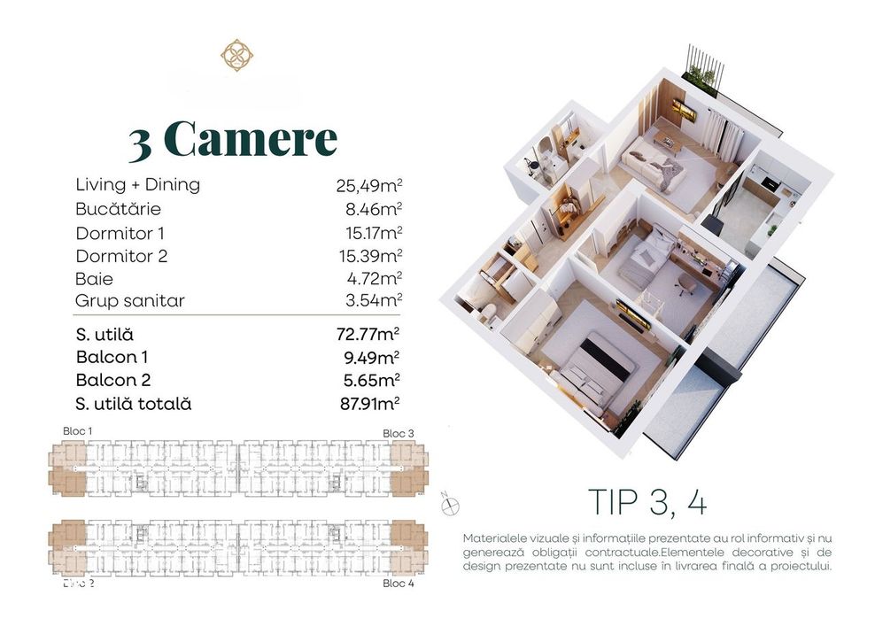 Apartament 3 camere de vanzare, compartimentare ideala, metrou Berceni