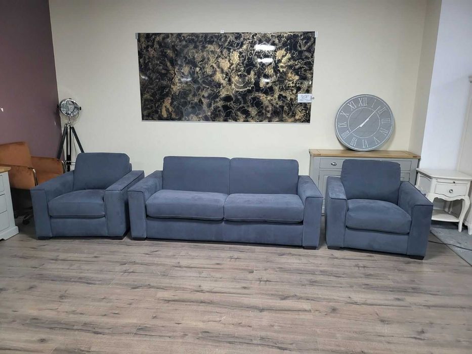 Сив комплект от плат набук диван тройка с функция сън и два фотьойла