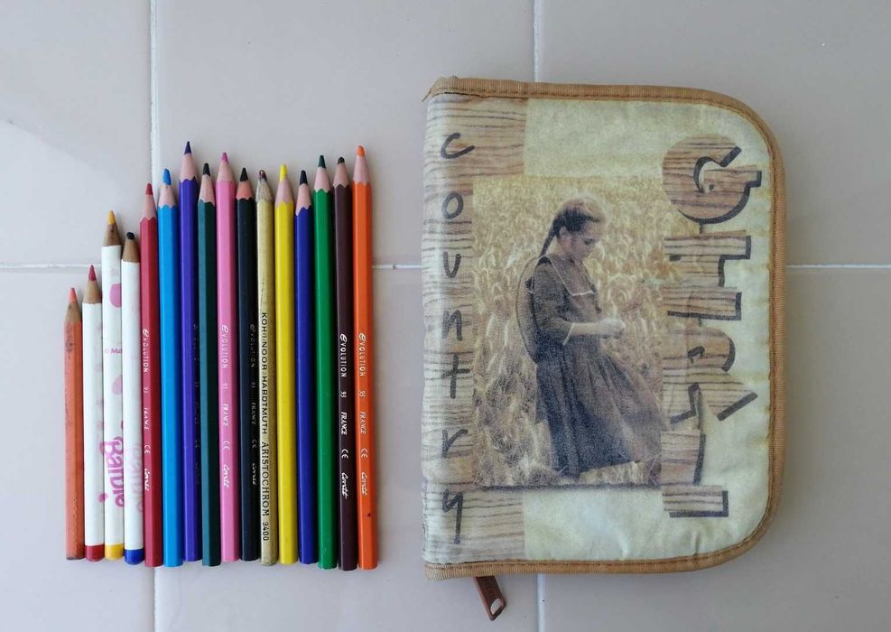 Химикалки ( сини и цветни ) и несесер с моливи