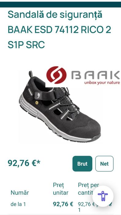 Sandale de muncă noi BAAK ESD 74112 RICO 2 S1P SRC, pantofi cu protecție, bombeu, nr. 39 EU unisex