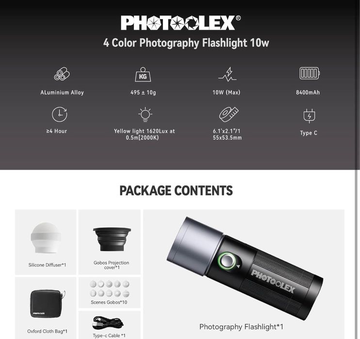 PHOTOOLEX Led 10W RGB Spotlight — Фонарь Flashlight