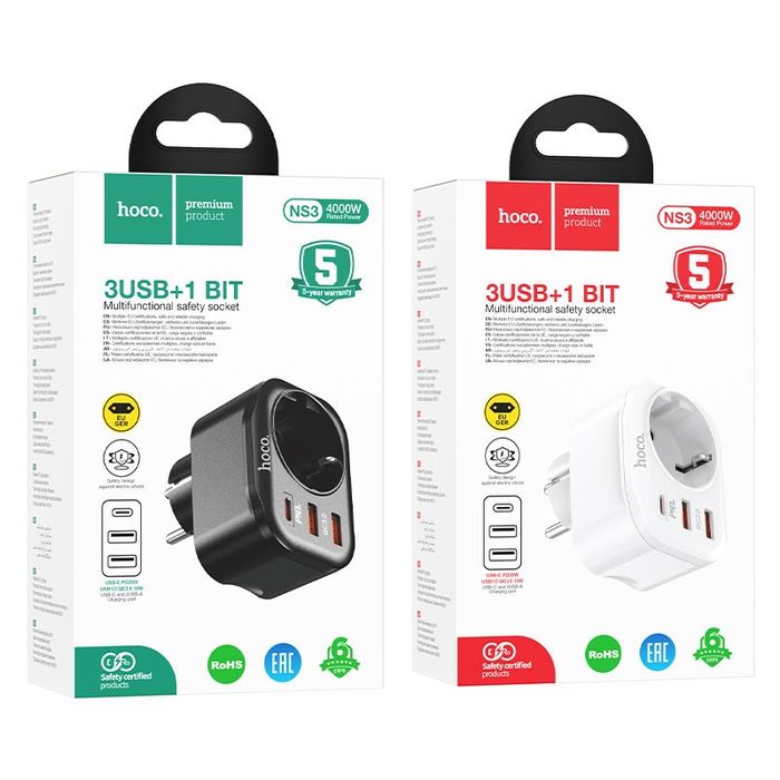 Hoco NS3 Сетевой фильтр EU мощности 4000W/ PD20W QC3.0+18W
