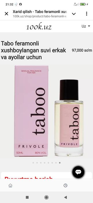 Tabo feramonli xushboylangan suvi erkak va ayollar uchun