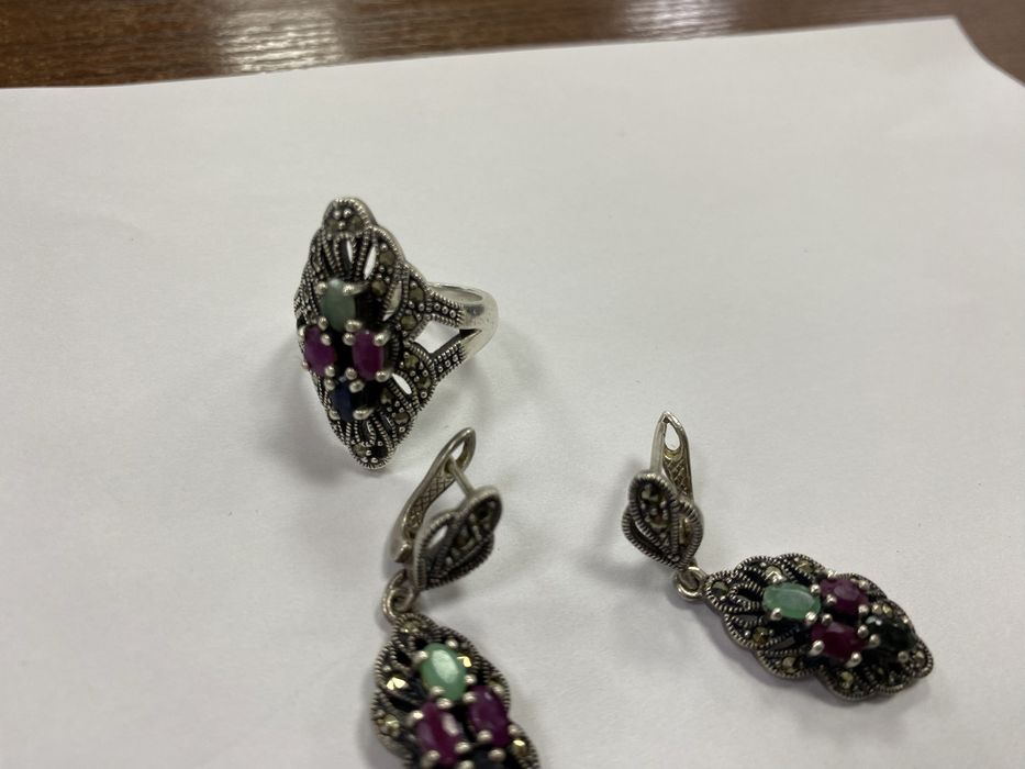 Серебрянный набор: браслет, кольцо, серьги, кулон