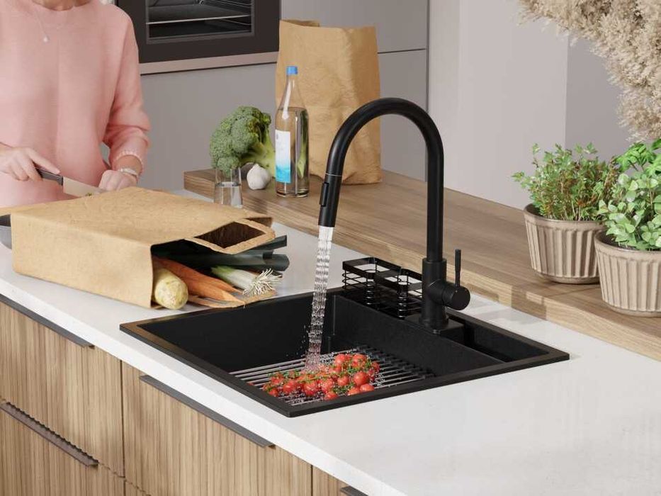 Черна кухненска мивка за вграждане Берген 60 Double Pocket 560x540 мм