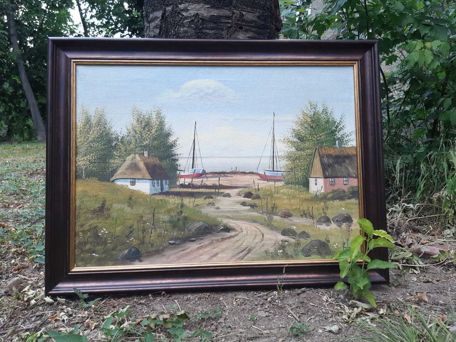 Красива Стара Картина "Рибарско Селище" Маслени Бои на Платно