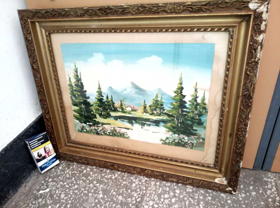 Стара МАСЛЕНА КАРТИНА Море и Планински Пейзаж ТЕМПЕРА - 70те Години БГ