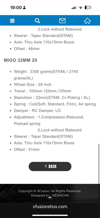 29-120mm X-Fusion MIG32 120mm Air Tapered Boost Black Fork / Вилка 120 Ход Конусен Стержен Проходна Ос 15x110mm Бууст