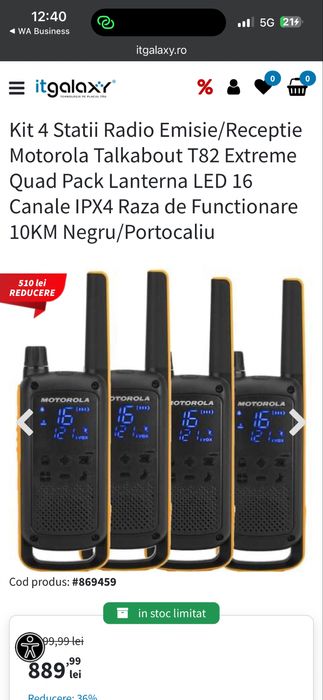 Kit 4 Statii Radio Emisie/Receptie Motorola Talkabout T82 Extreme Quad Pack Lanterna LED 16 Canale IPX4 Raza de Functionare 10KM Negru/Portocaliu