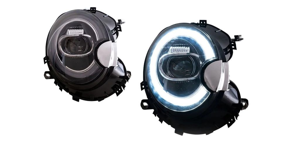 Set faruri Mini One/Cooper/Clubman/Clubvan/Coupe/Roadster/Cabrio (R55/56/57/58/59), 07.2007-03.2014, montare fata, stanga+dreapta, indicator dinamic; cu animatii; LED; electric; Tuning; ECE; LED