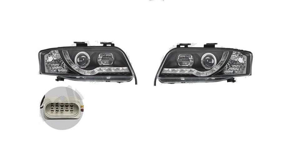 Set faruri Audi A6 (C5), 06.2001-01.2005, partea stanga+dreapta, Tuning, fata, cu lumina de parcare LED; tip bec H1+H1; manual; negru, transparent; tuning, Taiwan