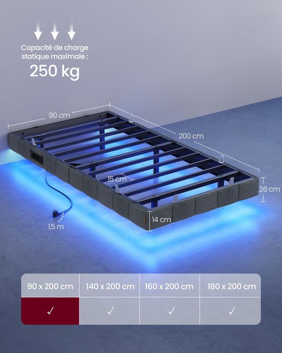 !ЛИКВИДАЦИЯ! Легло 90 x 200 см с LED осветление, плаващ ефект, тапицирани страници, 2 AC контакта, 2 USB-A и 1 US