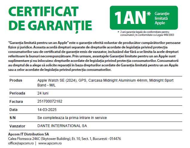Apple Watch SE 2024, garantie 1 an, folosit foarte putin