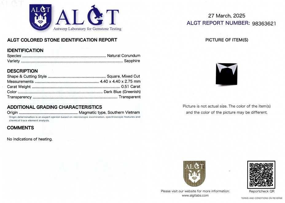 Safir patrat 0,51 ct., ALGT Antwerp-cod 10484