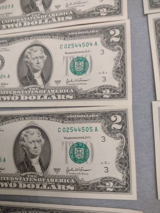 17 bancnote de colecție 2 dollari serii consecutive
