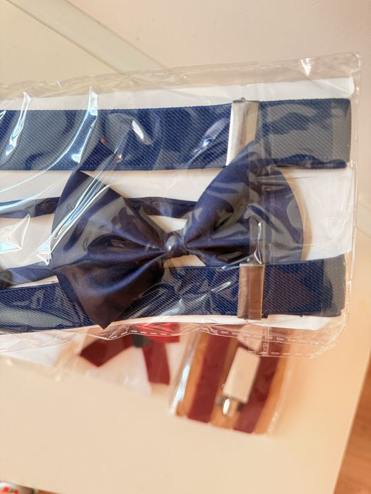 Тиранти с папионка за деца, бордо, бяло, синьо