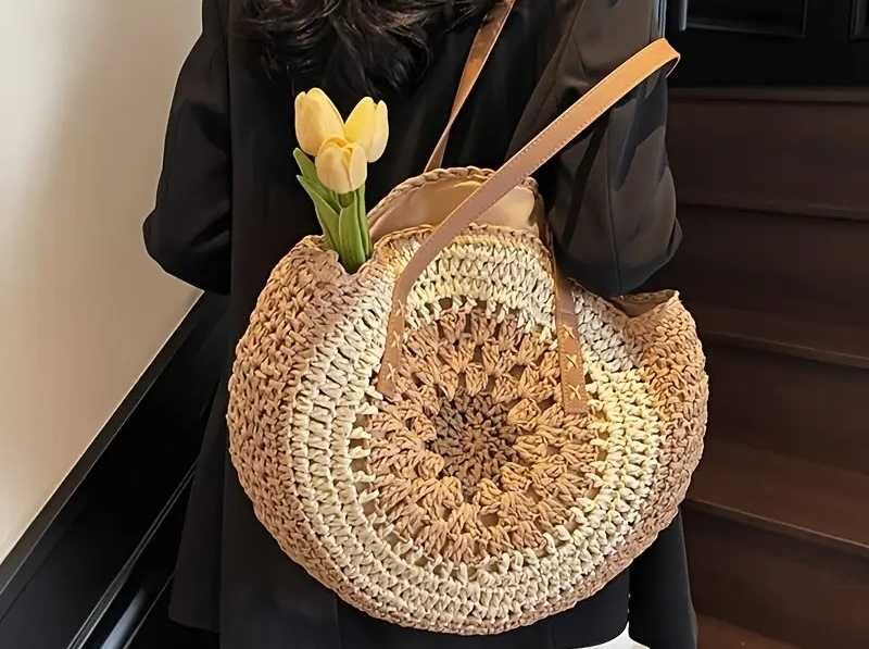 Новa чанта в бохо стил, boho чанта, плетена чанта, бежова кръгла чанта