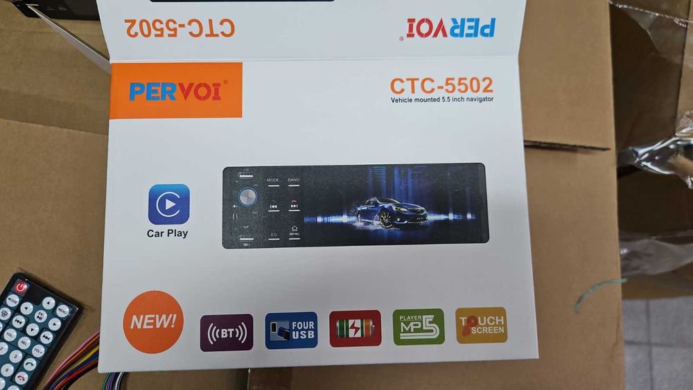 Универсален авто MP5 плеър Pervoi CTC-5502 – 1 DIN, CarPlay & Android Auto, 5.5 инча дисплей