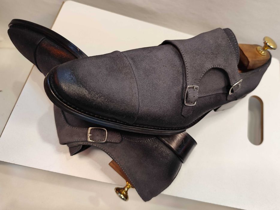 Pantofi double monk 42 42.5 de lux Lavoratione Artigianale NOI piele naturala suede gri