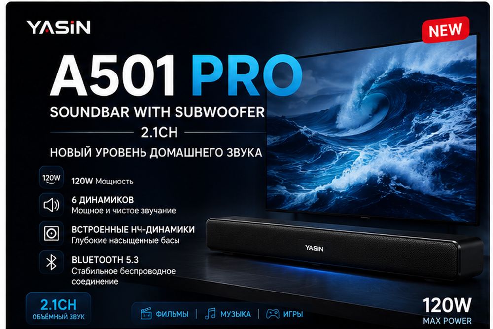 Yasin A501 Pro шок цена в Казахстане мощный саундбар 120 Вт