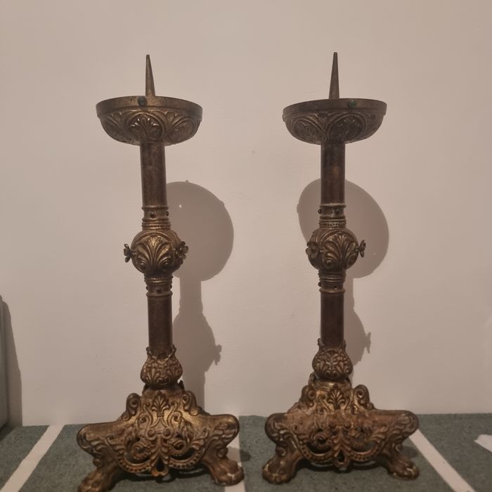 Pereche sfeșnice vechi din bronz și alamă, 45 cm, stil baroc / rococo