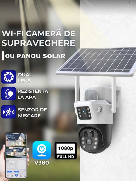 Camera Video Supraveghere dubla WIFI panou solar, 2 camere, 6MP, inregistrare card sau cloud